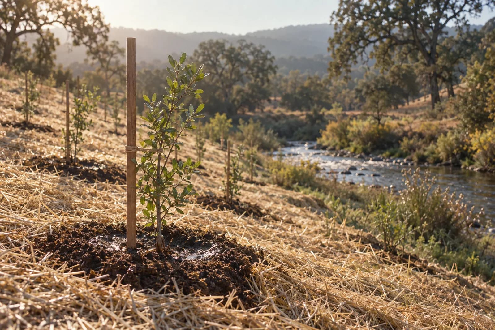 Young native trees staked along a creek bank